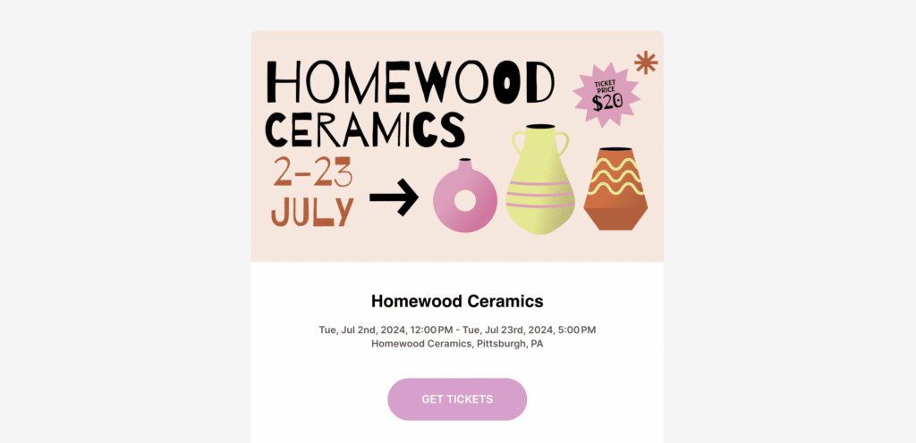 example of a ticketing page for a ceramics event