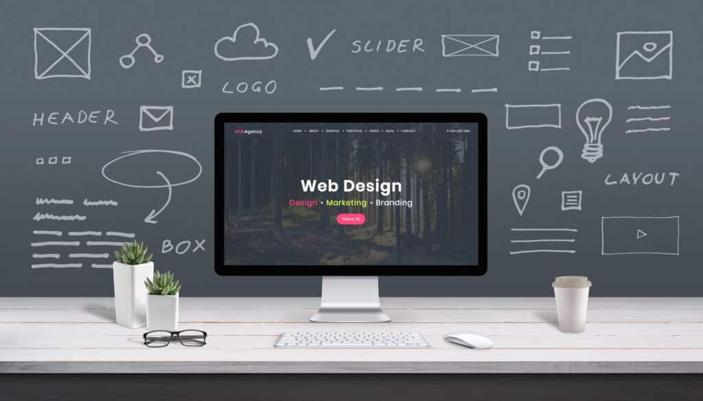 Web design concept with computer display, web theme and drawings of website, app parts. Modern design web page on computer display. Office, studio work desk.