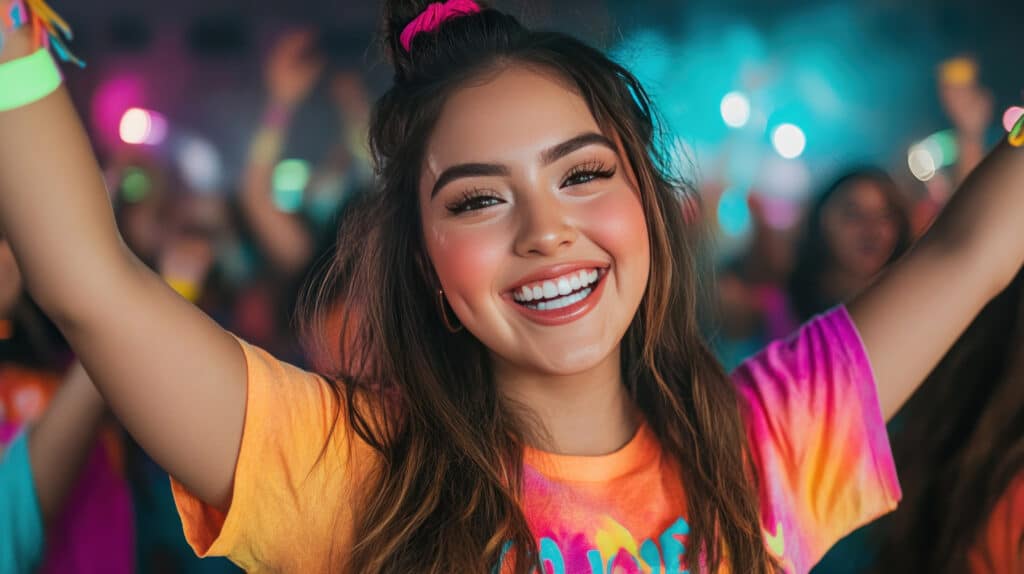 A glow-in-the-dark dance party with participants wearing neon accessories, dancing under black lights