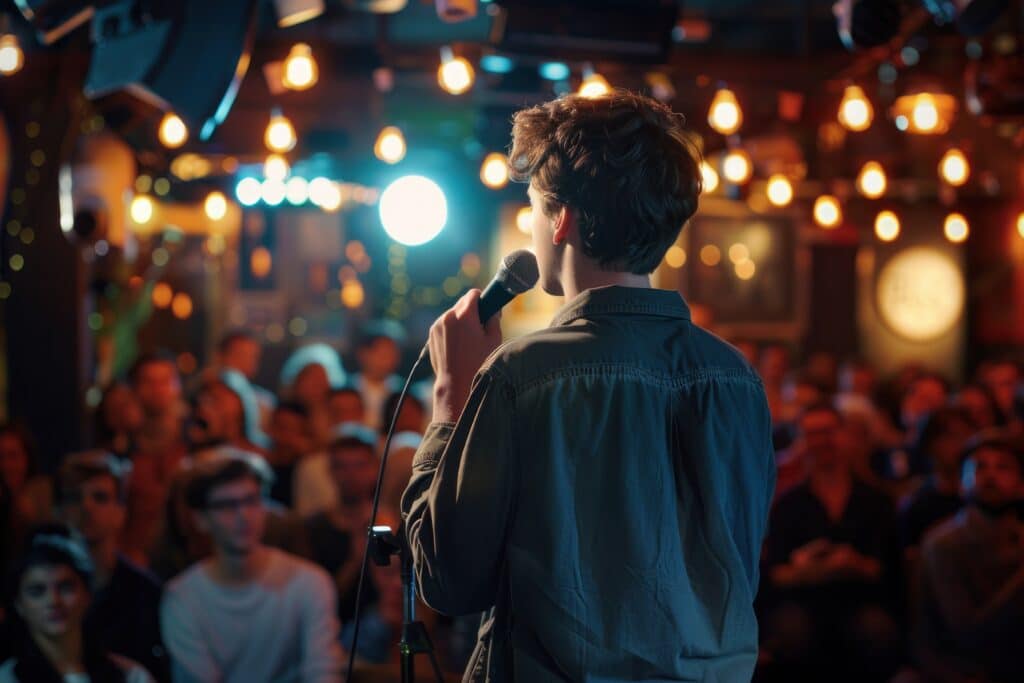 Young man performing on a stage of a talent showcase in front of a crowd of people