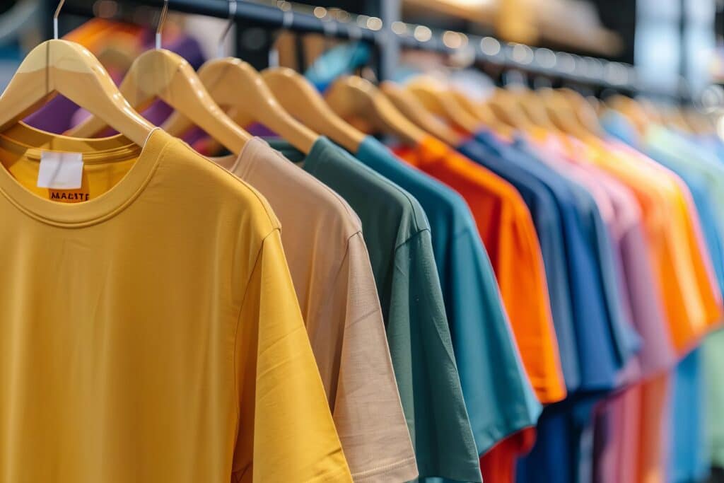 rack of multi-colored blank t-shirts