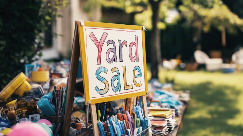 Colored yard sale sign displayed on easel surrounded by various items for sale including pens, household goods and toys