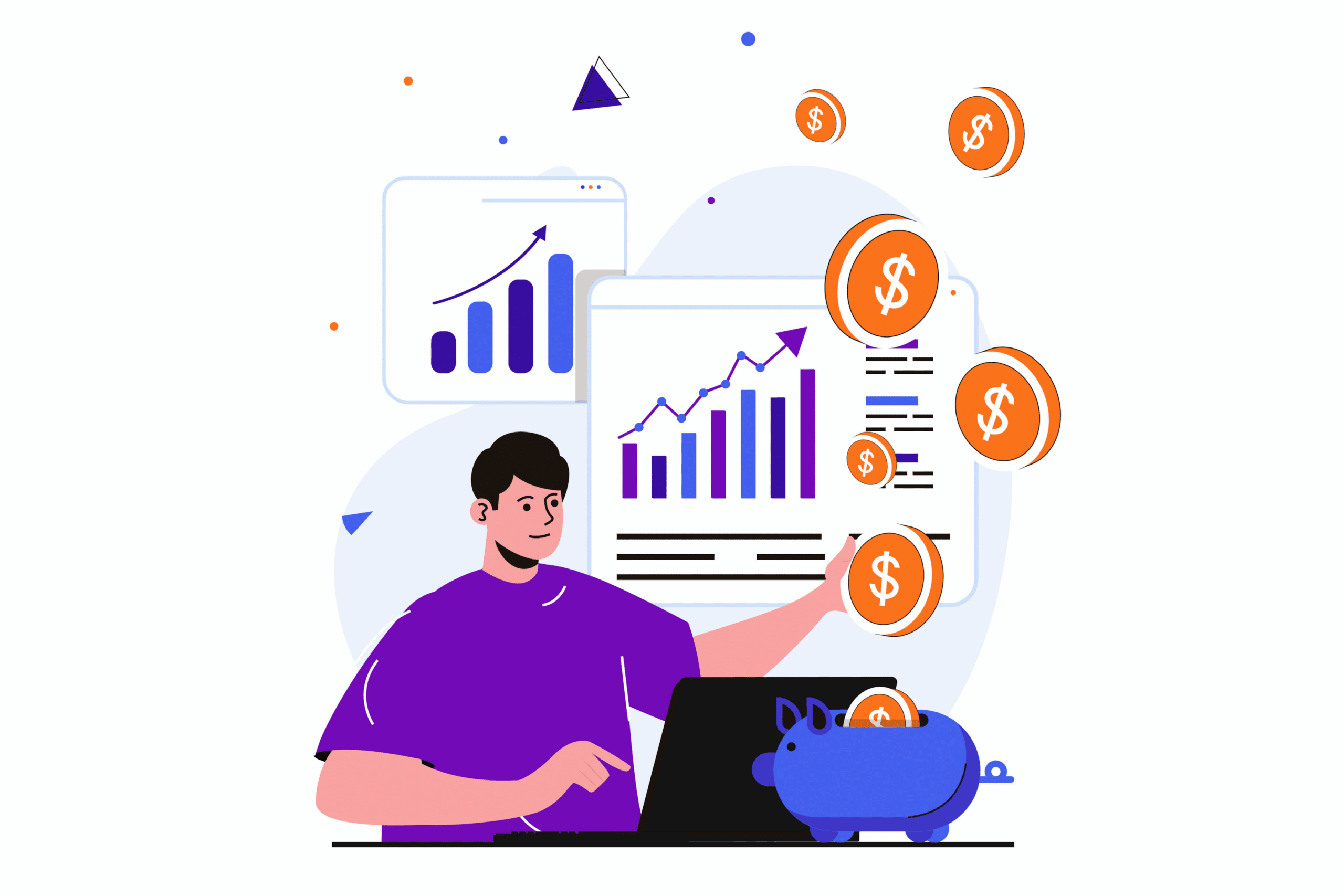 a person in a purple shirt, looking at financial graphs next to a piggy bank with coins