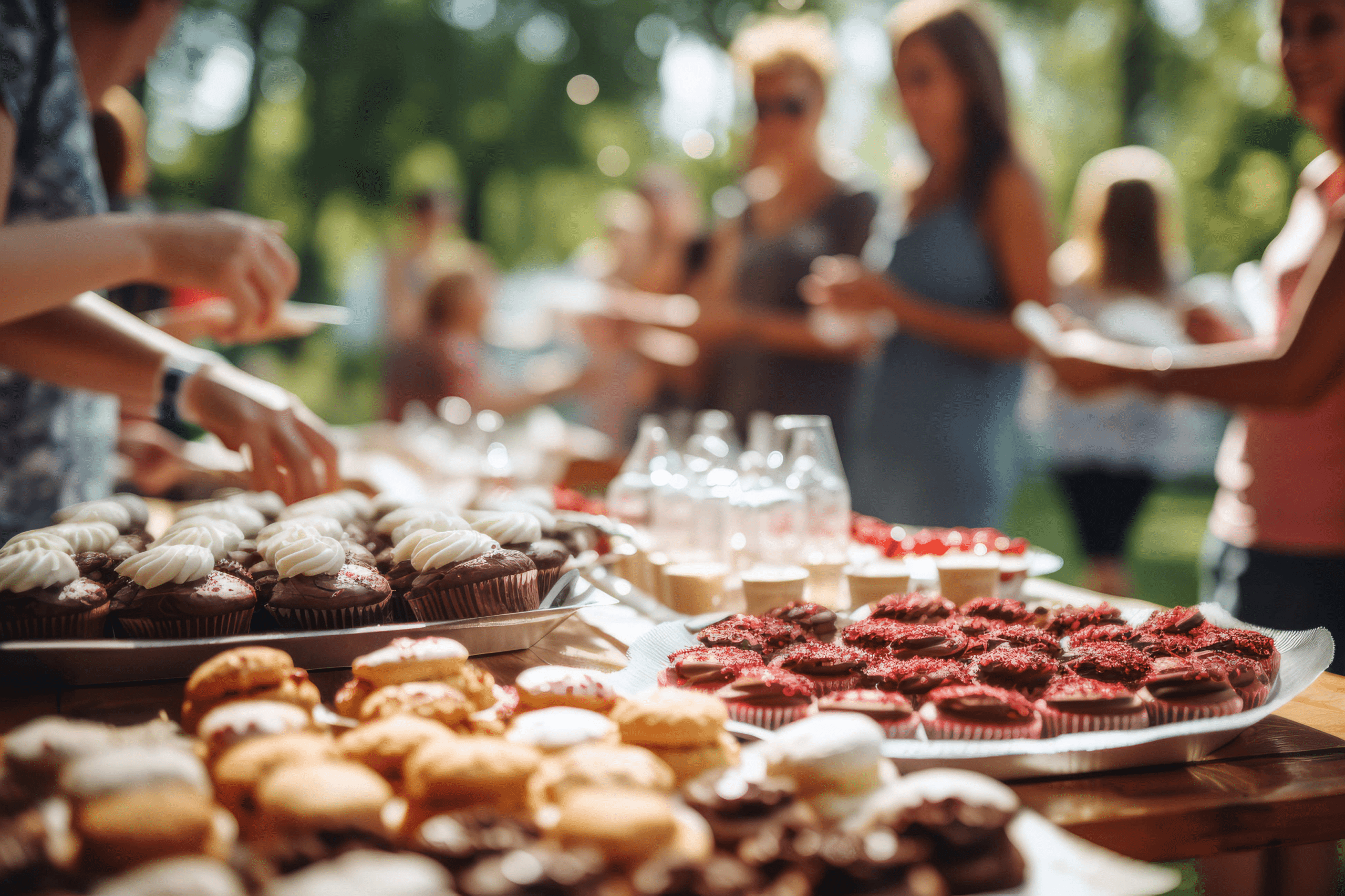 a platter of cupcakes at an outdoor event