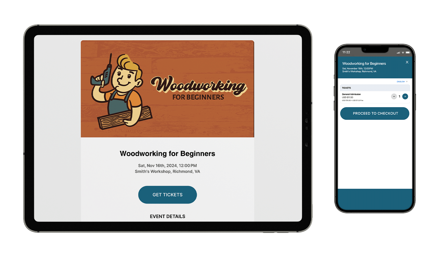 A woodworking class event page displayed on a tablet and mobile device