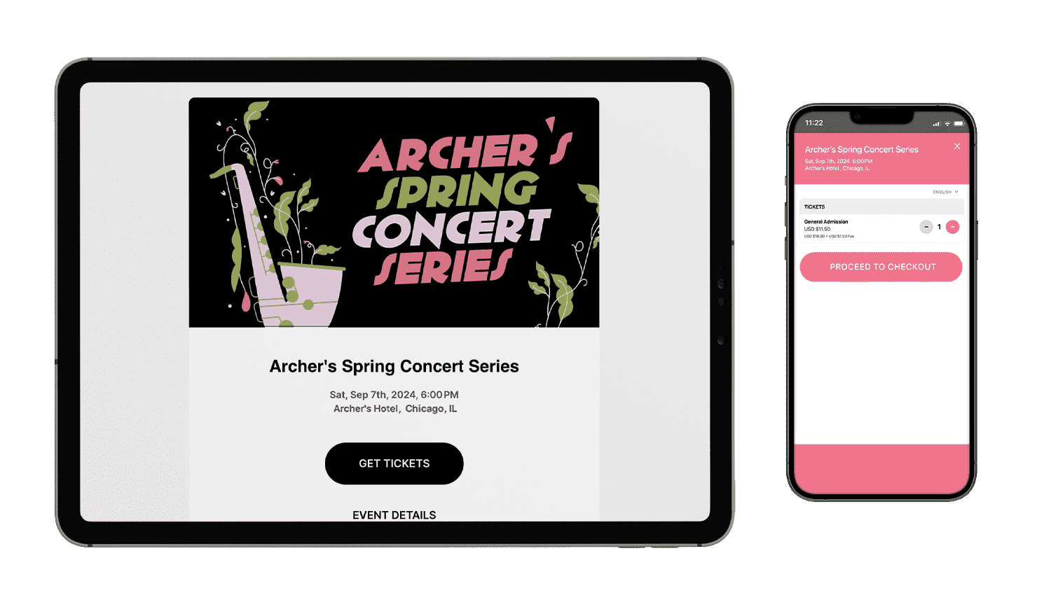 spring concert series ticketing page example on a tablet and mobile phone