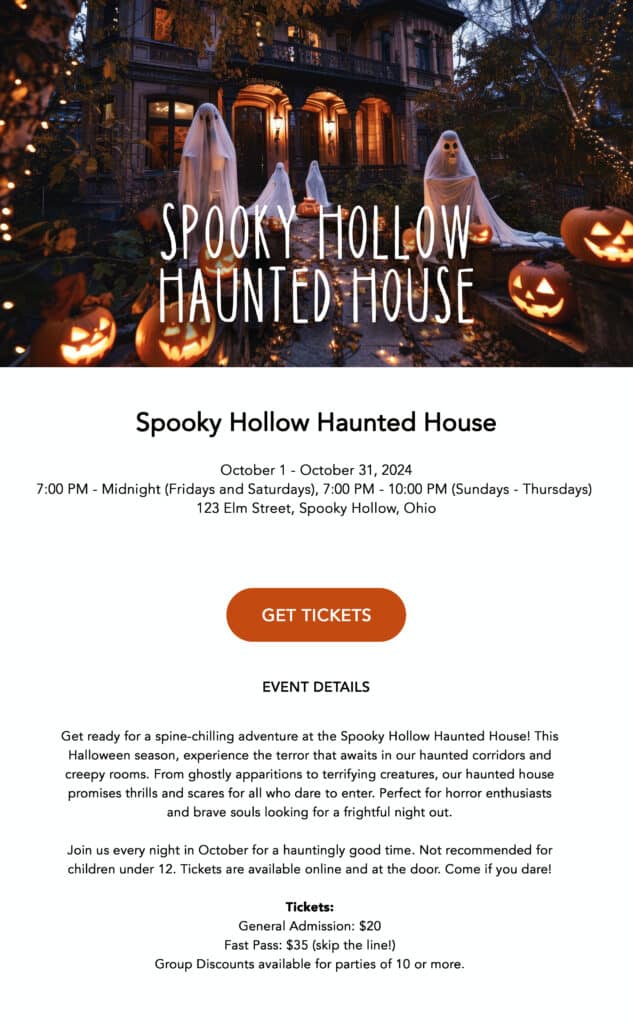 Fictitious TicketLeap event listing landing page for a Halloween event 