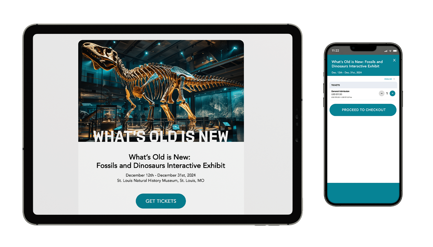 A mockup event of a fossils and dinosaur interactive exhibit on a tablet and mobile phone