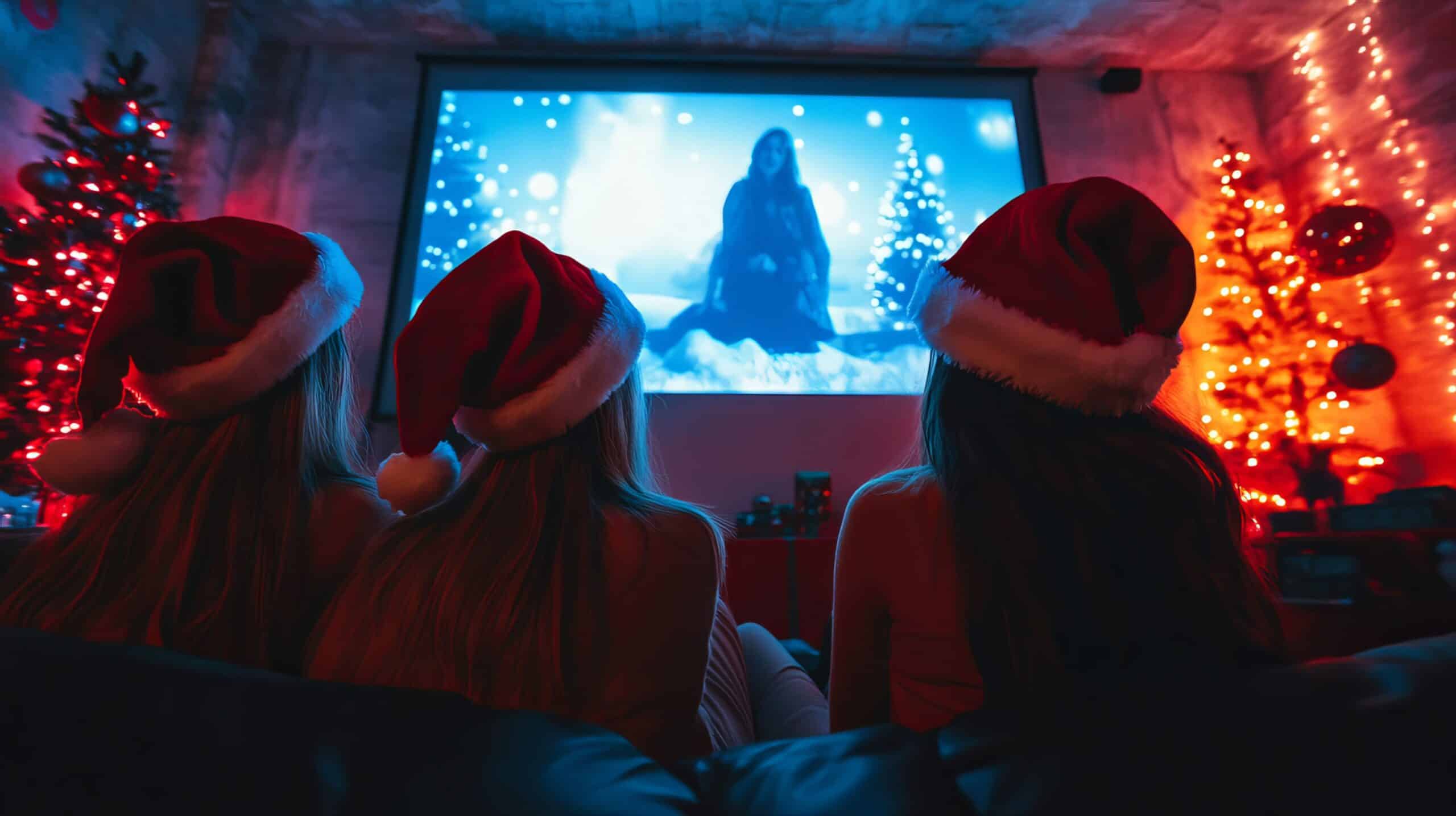 A group of friends watching a Christmas movie with santa hats on