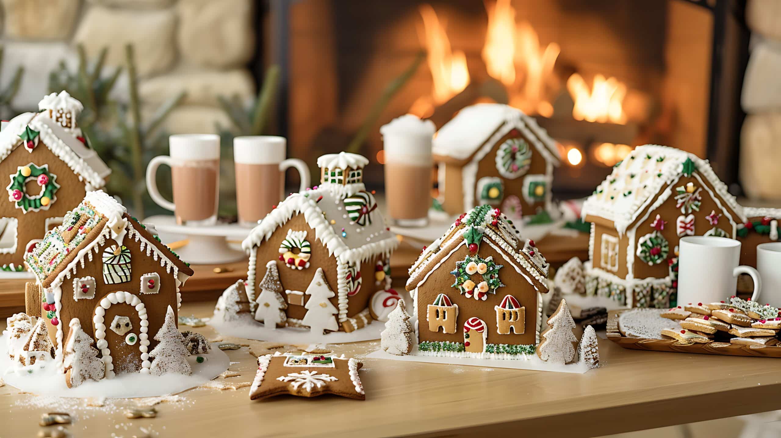 A table filled with decorated gingerbread houses 