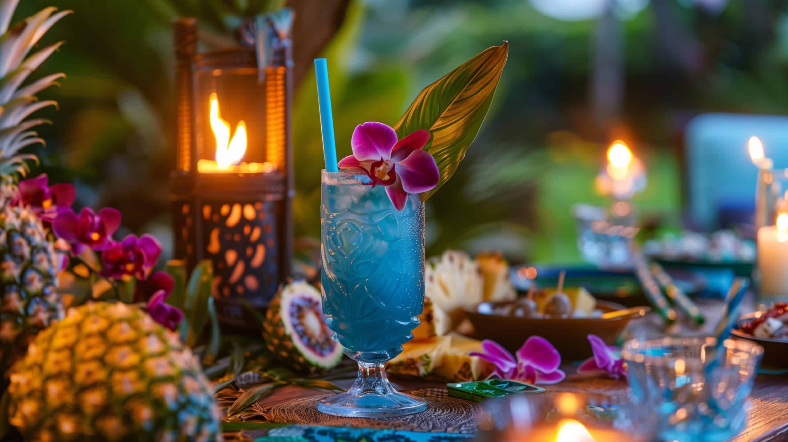 An outside dinner table decorated with pineapples, flowers, and a frosty blue cocktail drink