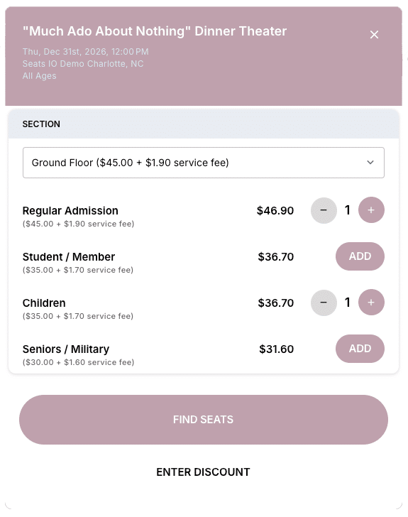 Different ticket types for a "Much Ado About Nothing" dinner theater event