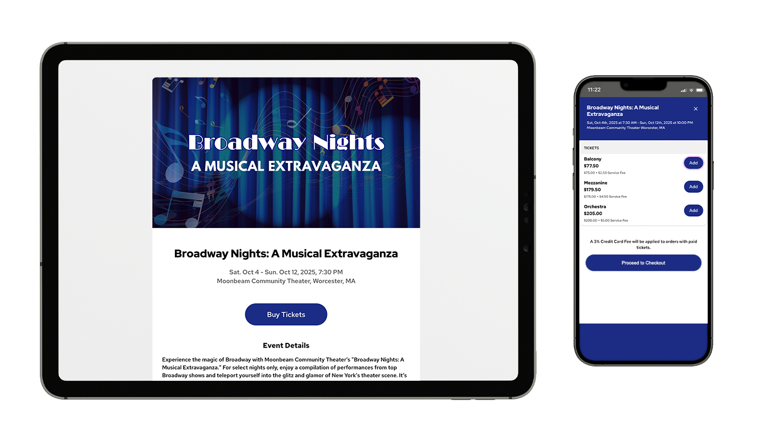 A mockup event of Broadway Nights on a tablet and mobile phone