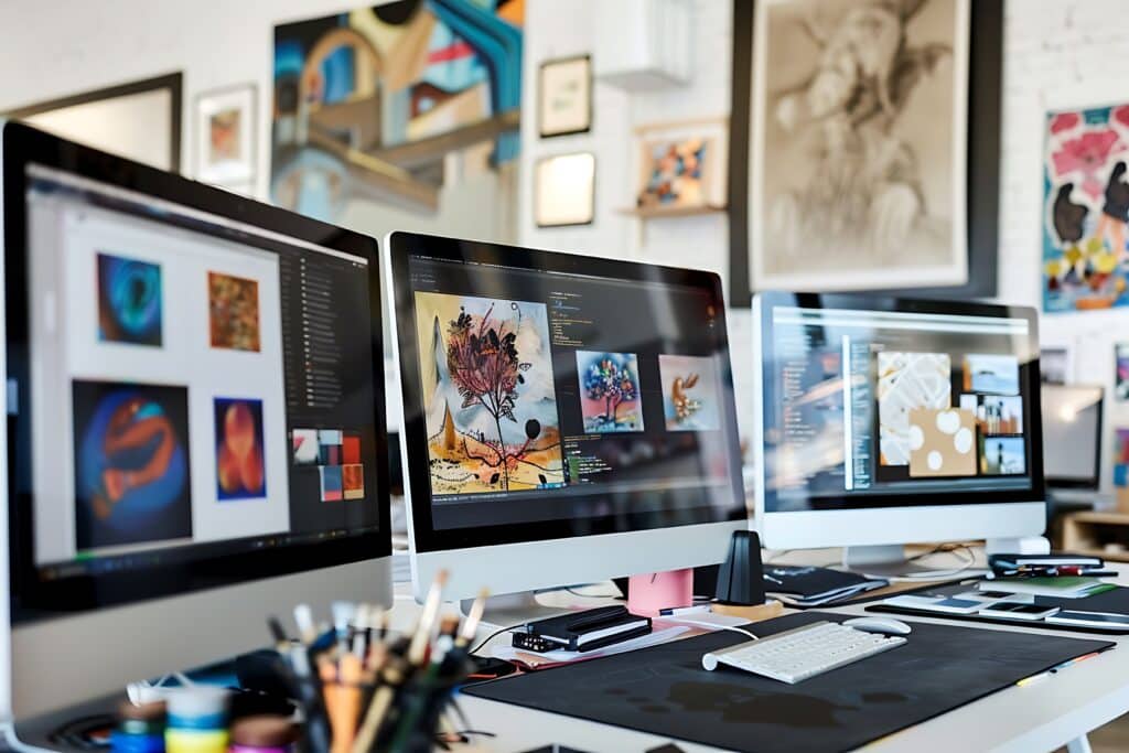 A modern graphic design studio filled with computer monitors displaying digital art projects and creative mood boards