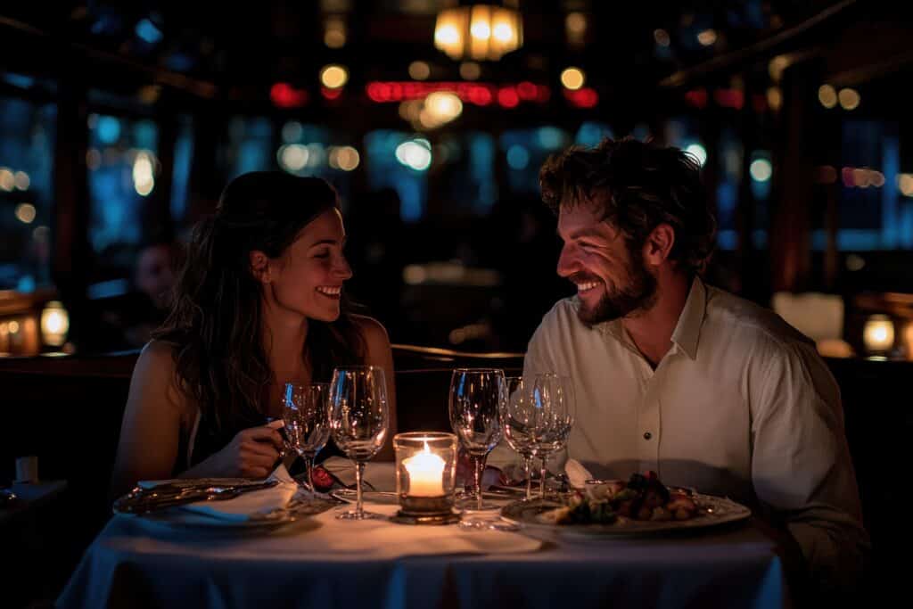 a couple sitting at a candle lit dinner table at a fancy restaurant 